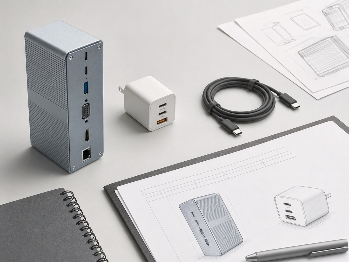 Product development workspace with hub, charger, cable and specification materials