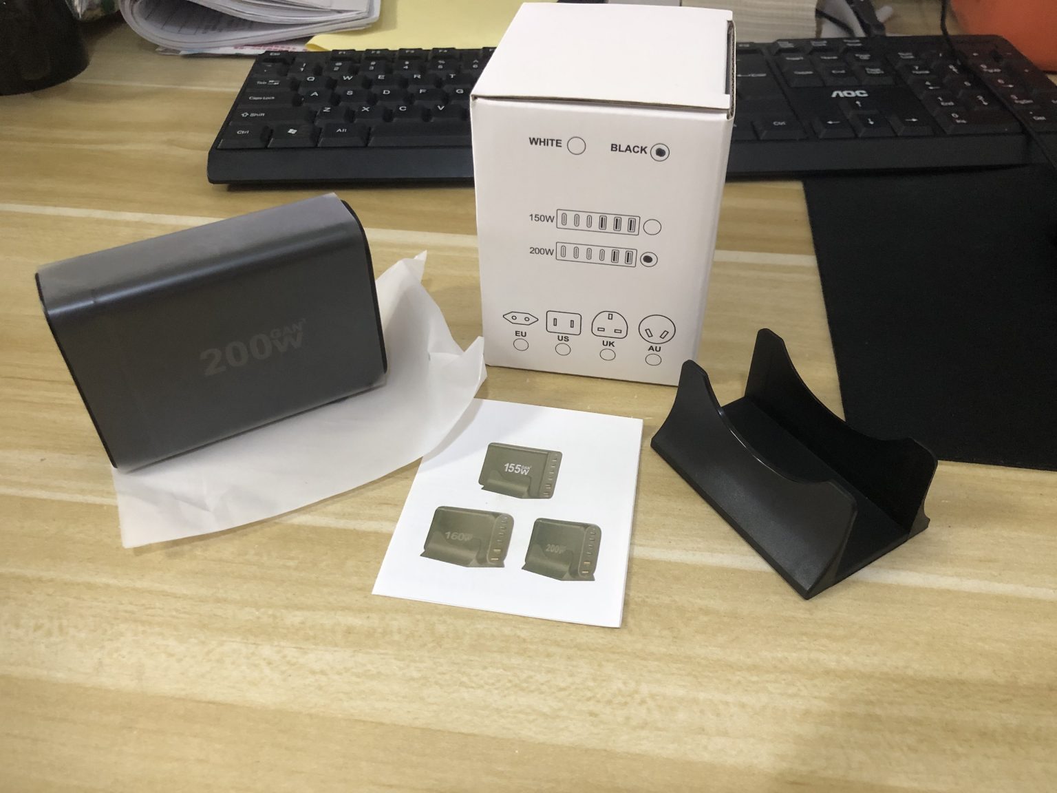 200W desktop GaN charger sample with EU, US, UK and AU plug options shown on packaging